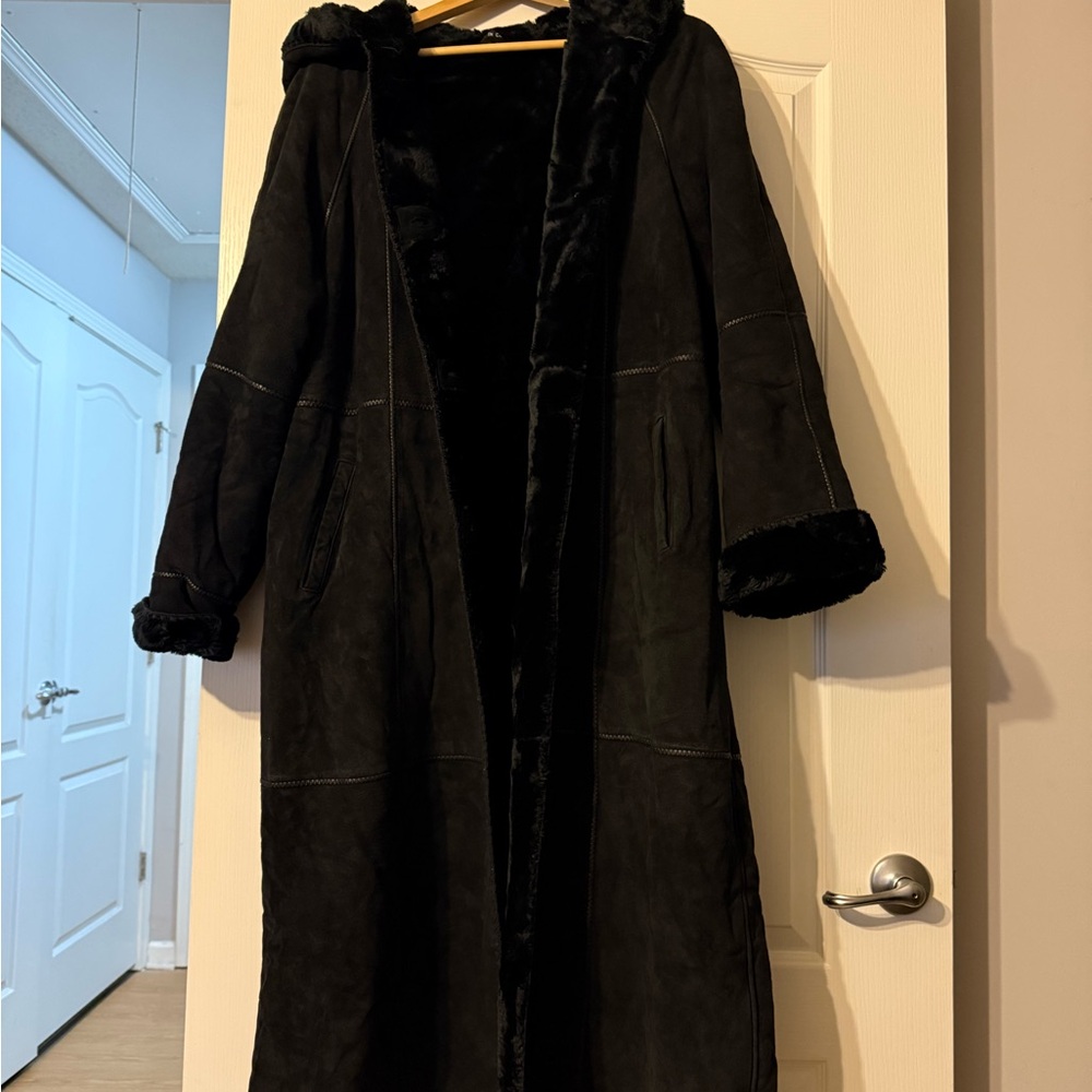 J. Percy Marvin Richards 100% Leather Suede Hooded  Black Long Coat